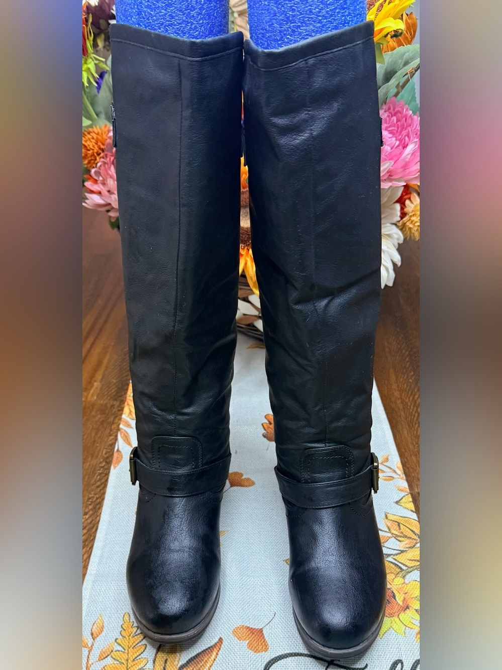 Tall Black Leather Buckle Riding Boots
